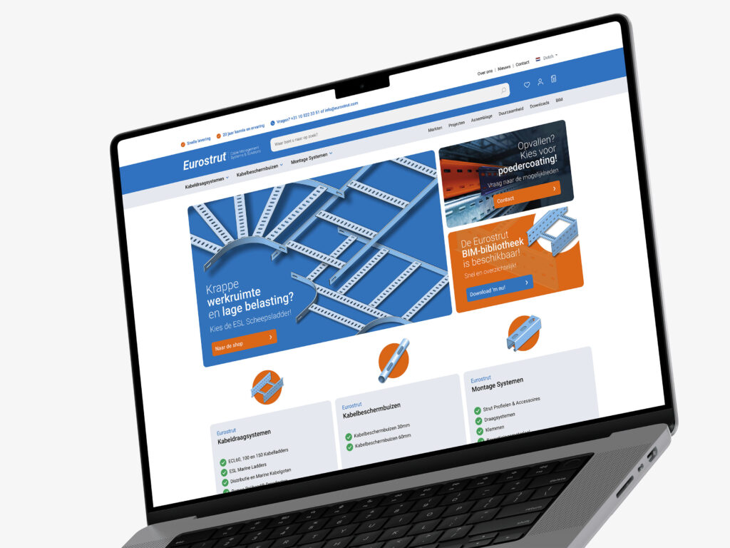 Foto van een laptop waar de website van Eurostrut getoond wordt.