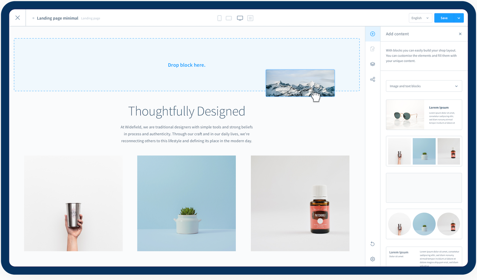 Een afbeelding waarin Shopware's CMS builder te zien is